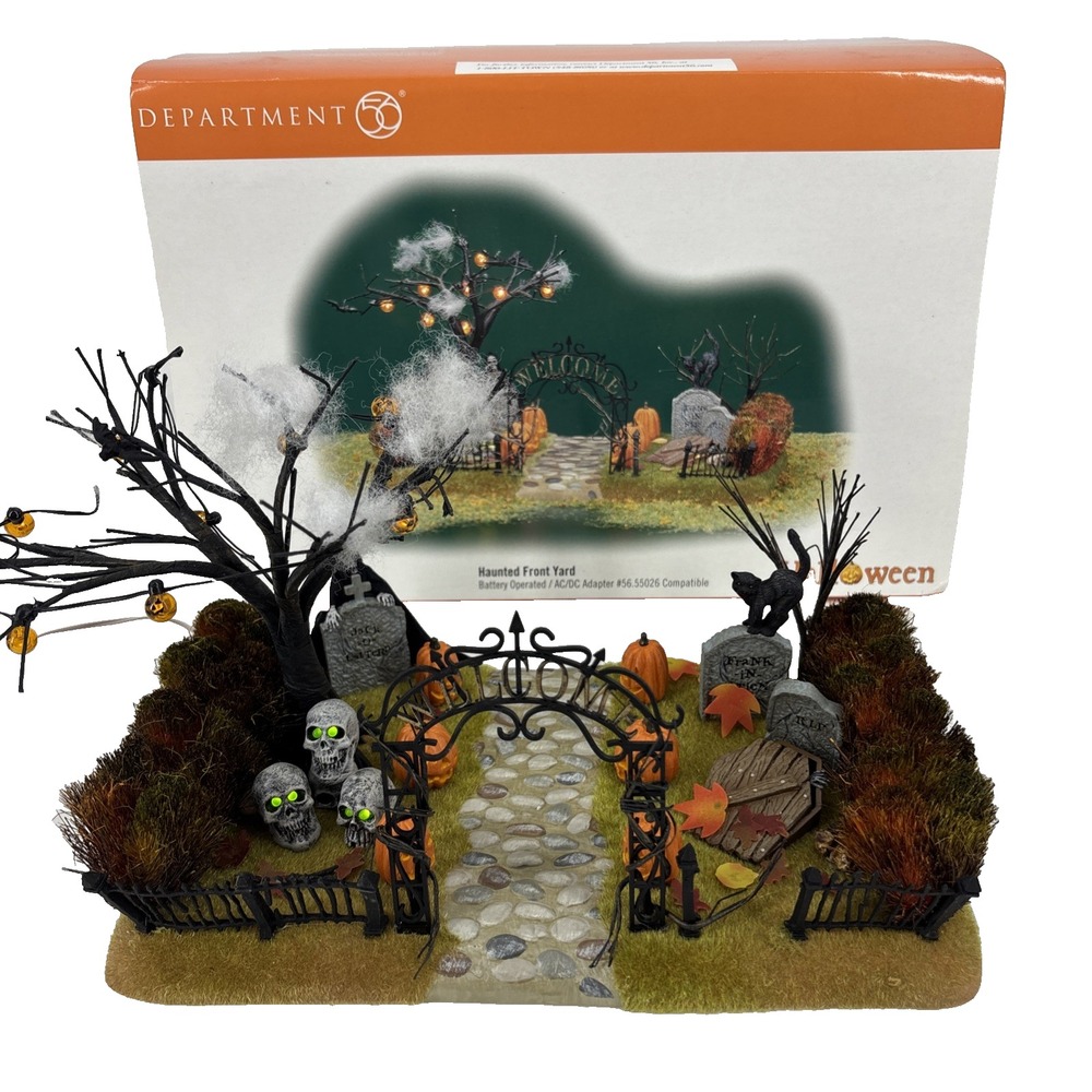 Dept 56 Haunted Front Yard 52924 Lighted Tree Skulls Pumpkins Halloween WORKS!